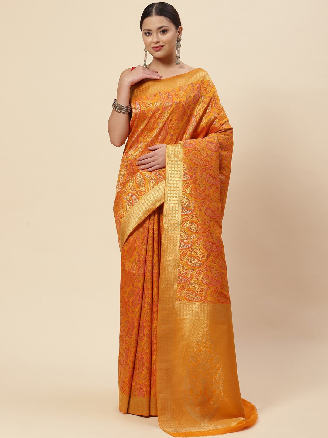 

Meena Bazaar Mustard & Gold-Toned Paisley Zari Art Silk Saree