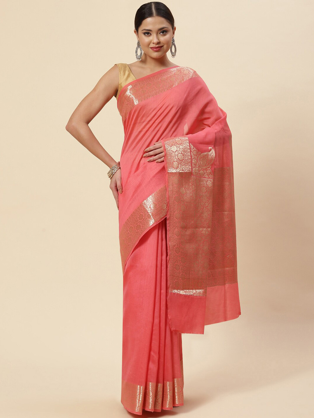 

Meena Bazaar Coral & Gold-Toned Zari Pure Cotton Saree