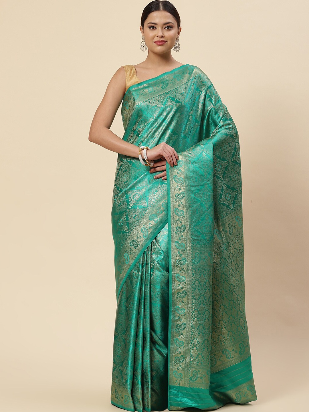 

Meena Bazaar Green & Gold-Toned Ethnic Motifs Zari Satin Saree