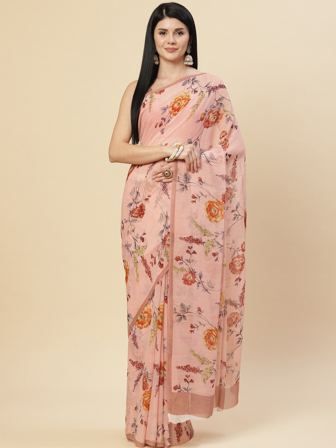

Meena Bazaar Pink & Orange Floral Pure Georgette Saree