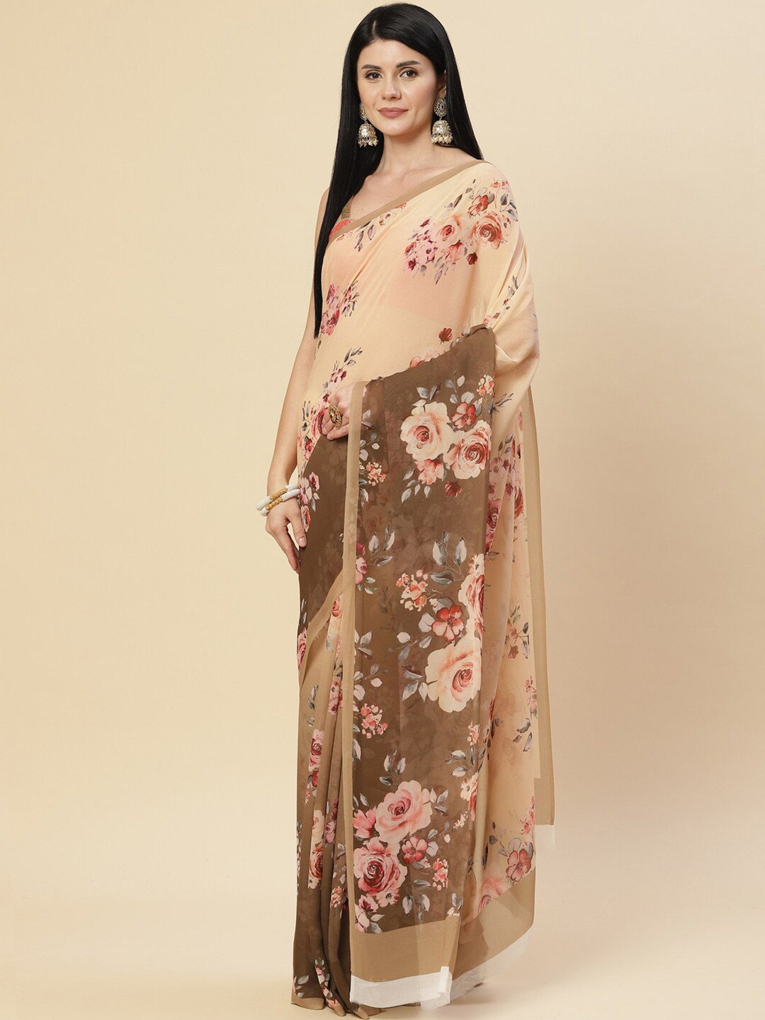 

Meena Bazaar Peach-Coloured & Brown Floral Zari Printed Saree