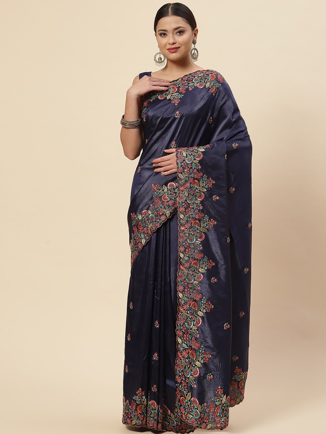 

Meena Bazaar Navy Blue & Pink Floral Embroidered Crepe Saree