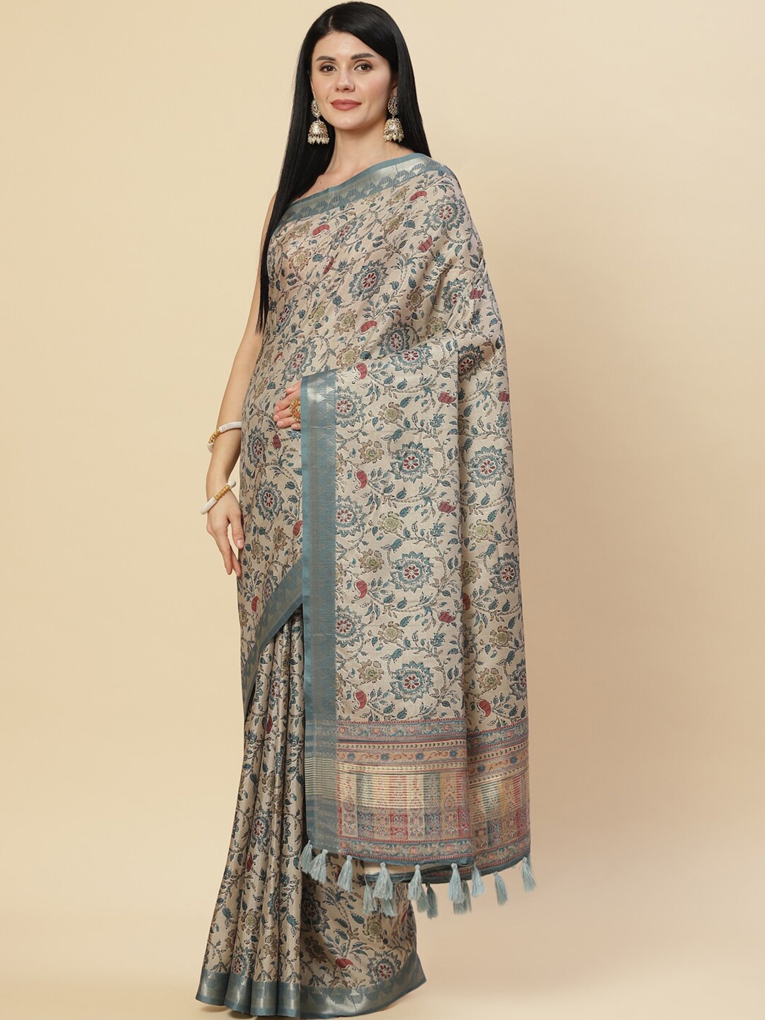 

Meena Bazaar Beige & Blue Floral Zari Art Silk Saree