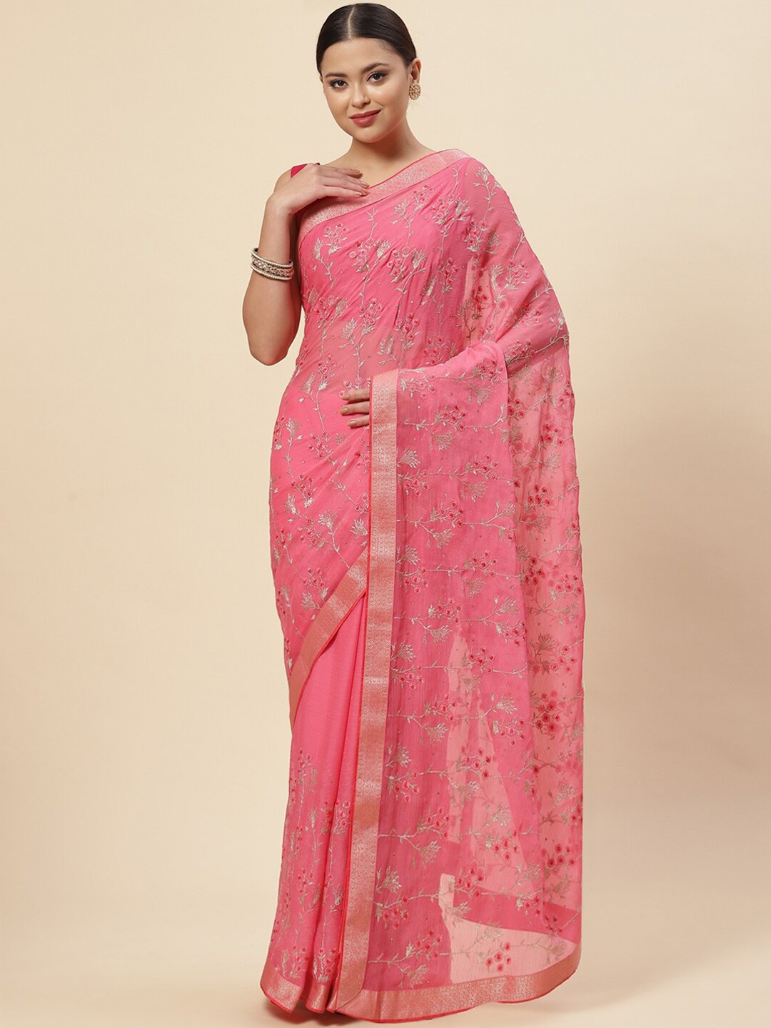 

Meena Bazaar Pink & Grey Floral Embroidered Pure Chiffon Saree