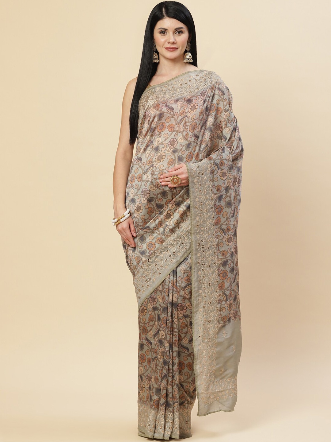 

Meena Bazaar Grey & Brown Floral Embroidered Art Silk Saree