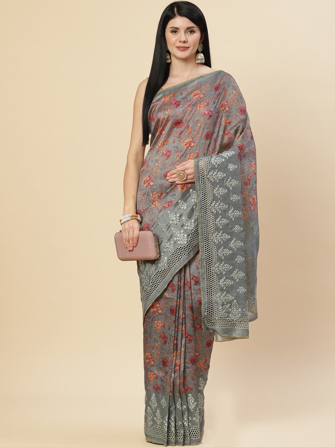 

Meena Bazaar Grey & Pink Floral Embroidered Art Silk Saree
