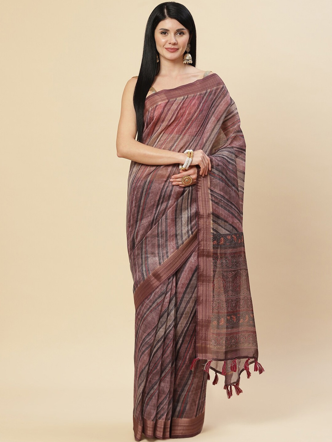 

Meena Bazaar Burgundy & Grey Striped Zari Pure Cotton Saree