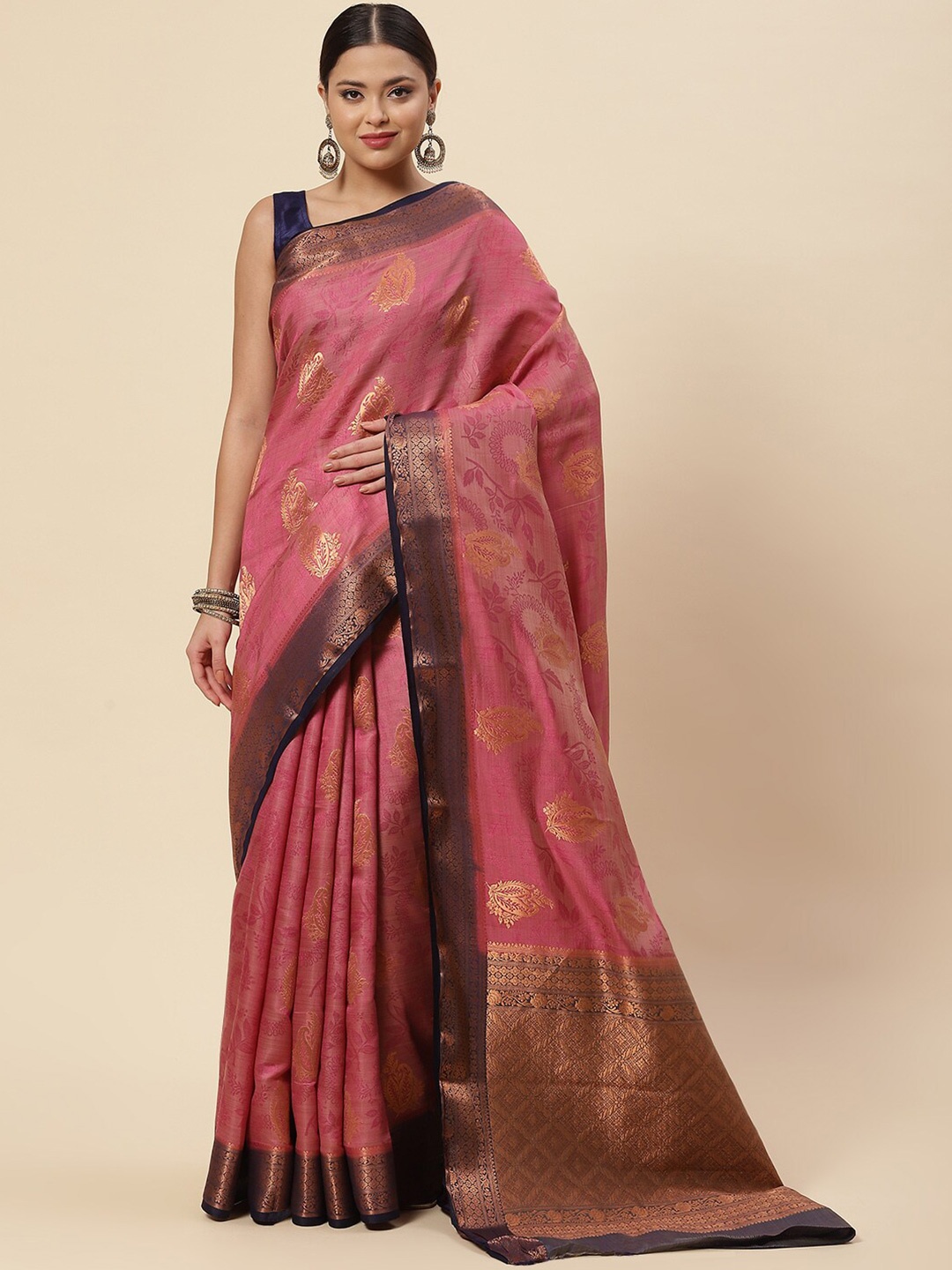 

Meena Bazaar Pink & Black Ethnic Motifs Zari Art Silk Saree