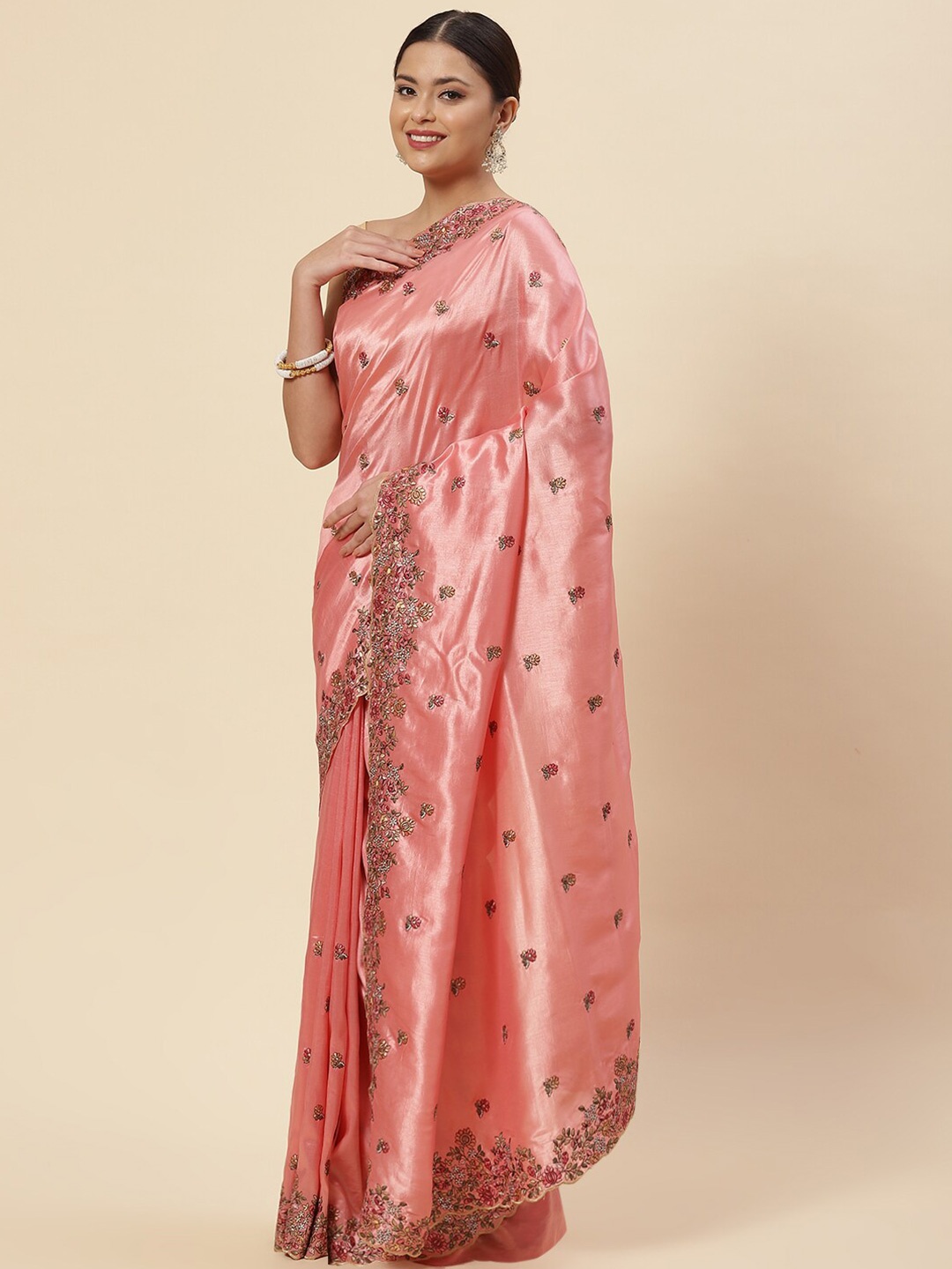 

Meena Bazaar Peach-Coloured & Green Floral Embroidered Saree