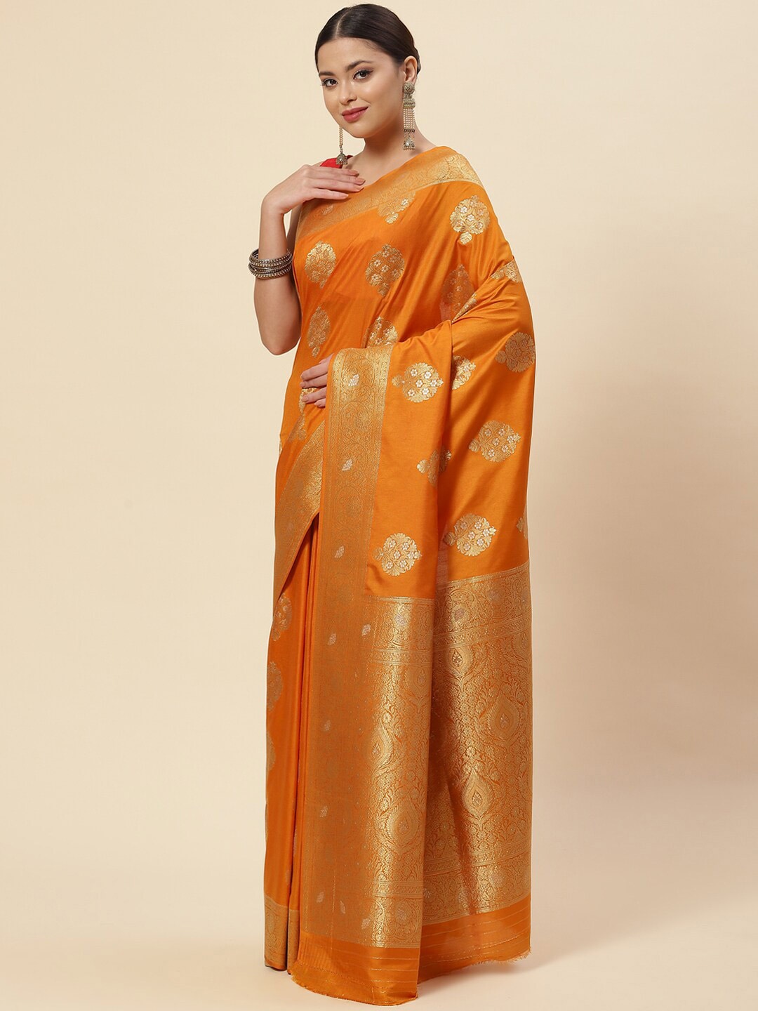 

Meena Bazaar Mustard & Gold-Toned Ethnic Motifs Zari Art Silk Saree