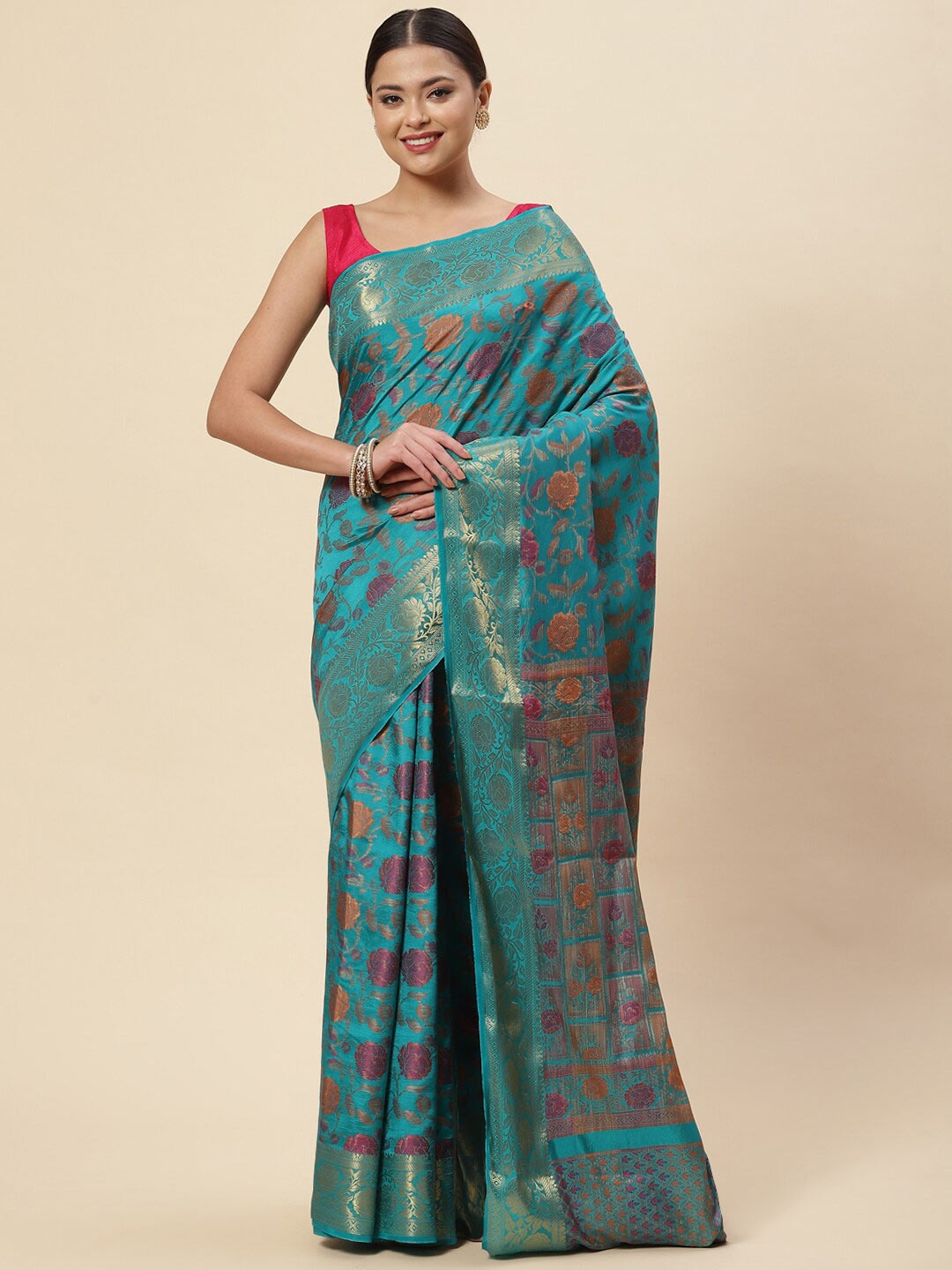 

Meena Bazaar Blue & Gold-Toned Ethnic Motifs Zari Art Silk Saree