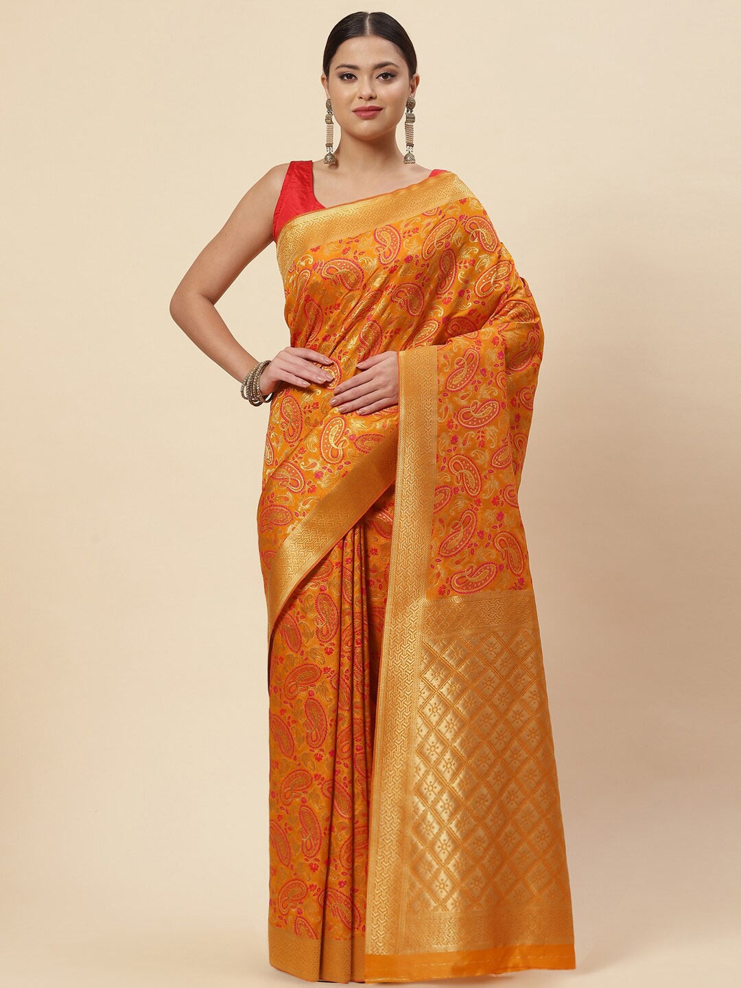 

Meena Bazaar Mustard & Gold-Toned Paisley Zari Art Silk Saree