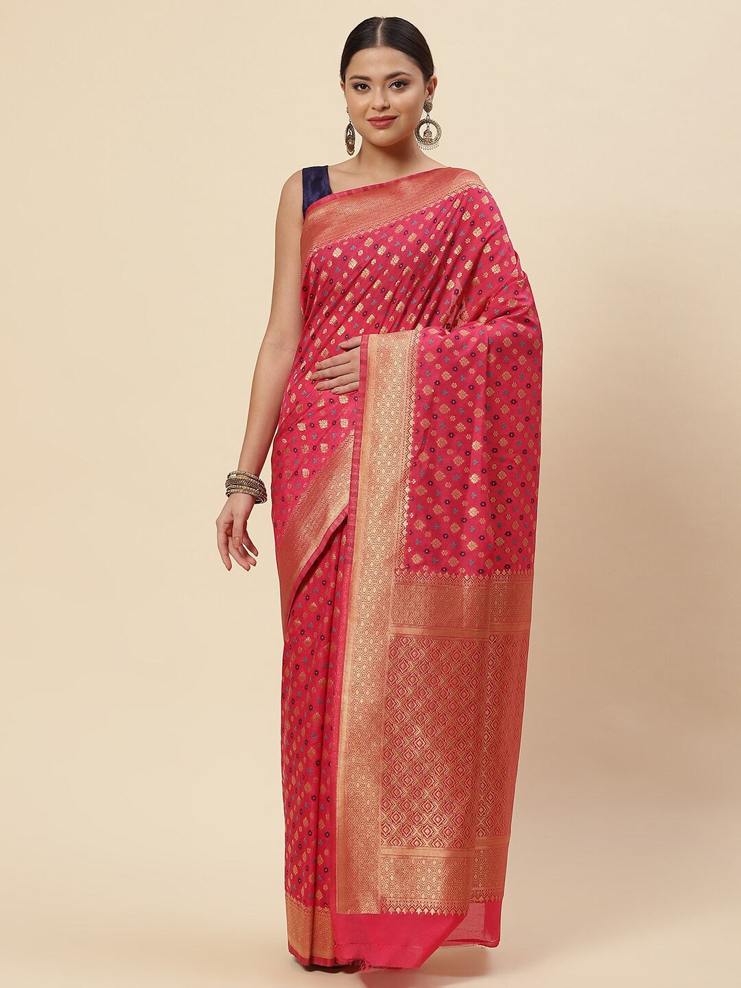 

Meena Bazaar Pink & Gold-Toned Ethnic Motifs Zari Art Silk Saree
