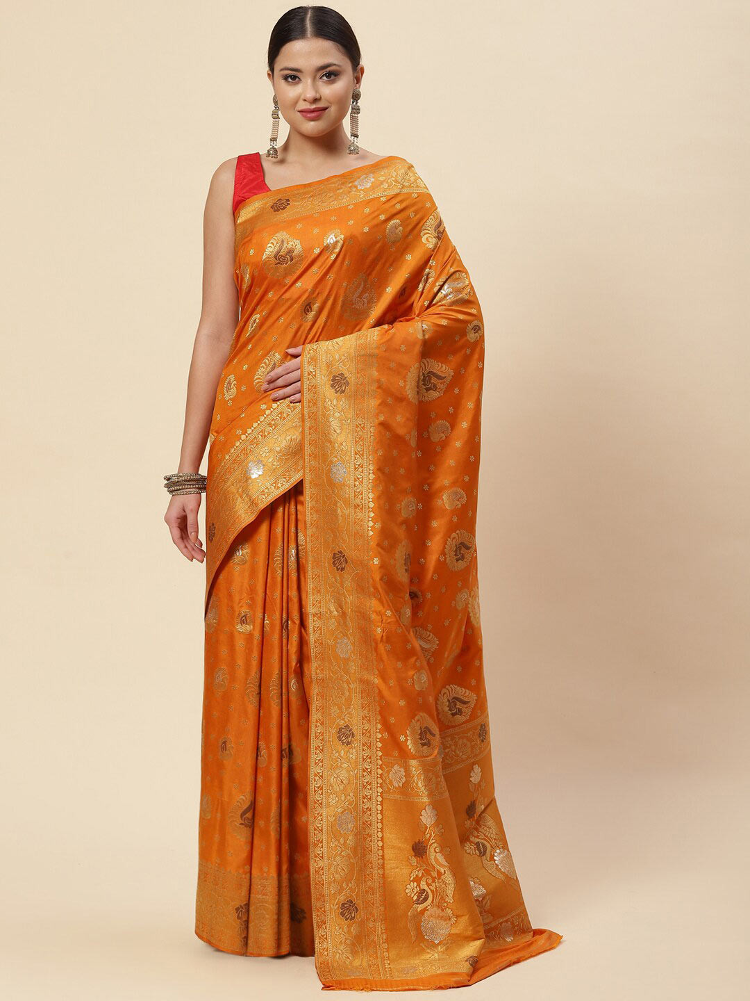 

Meena Bazaar Mustard & Gold-Toned Ethnic Motifs Zari Art Silk Saree