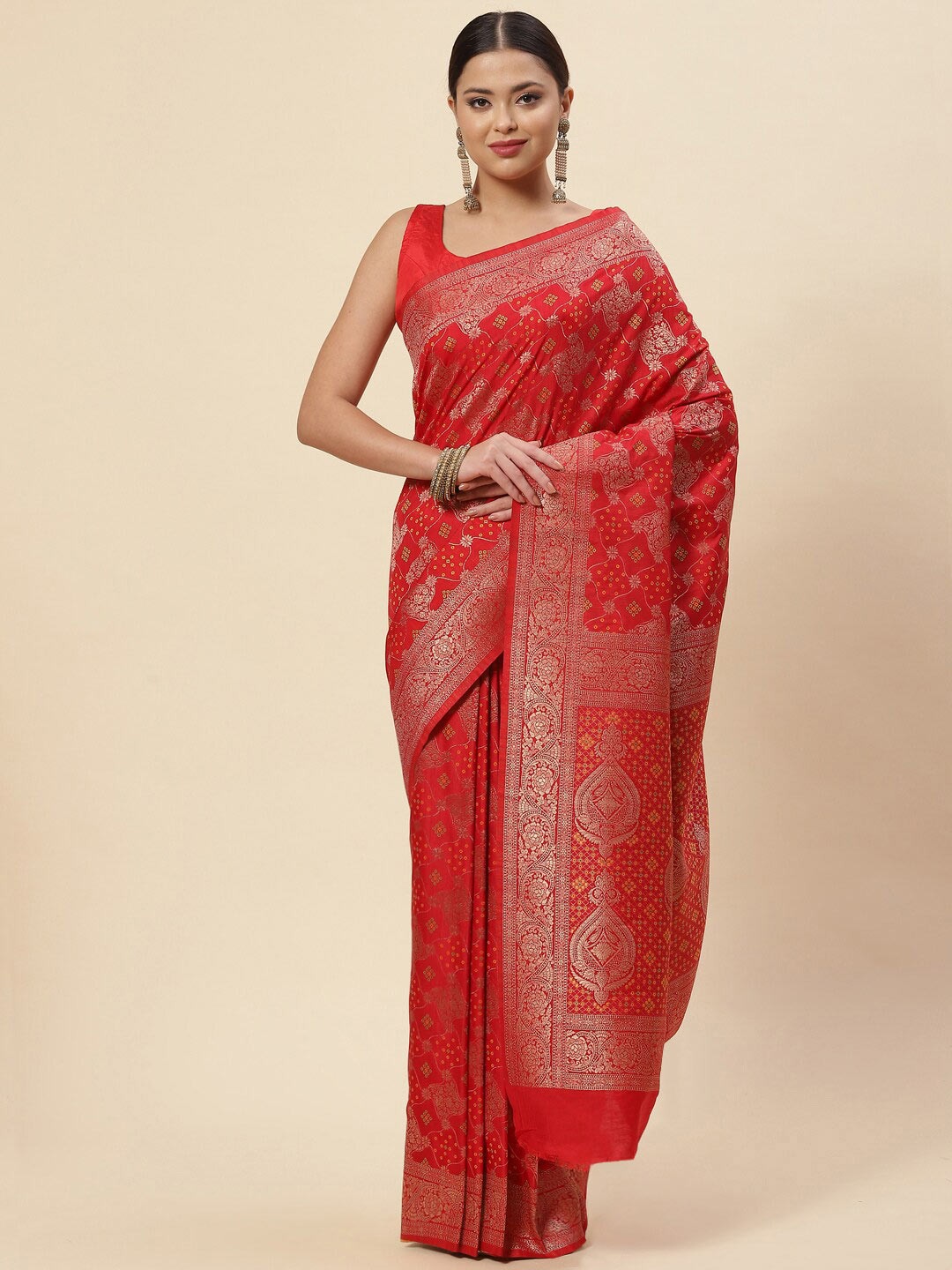 

Meena Bazaar Red & Gold-Toned Ethnic Motifs Zari Art Silk Saree