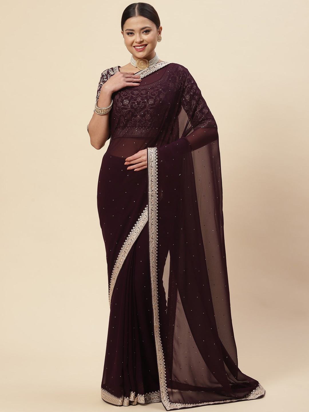 

Meena Bazaar Purple & Gold-Toned Floral Beads and Stones Saree