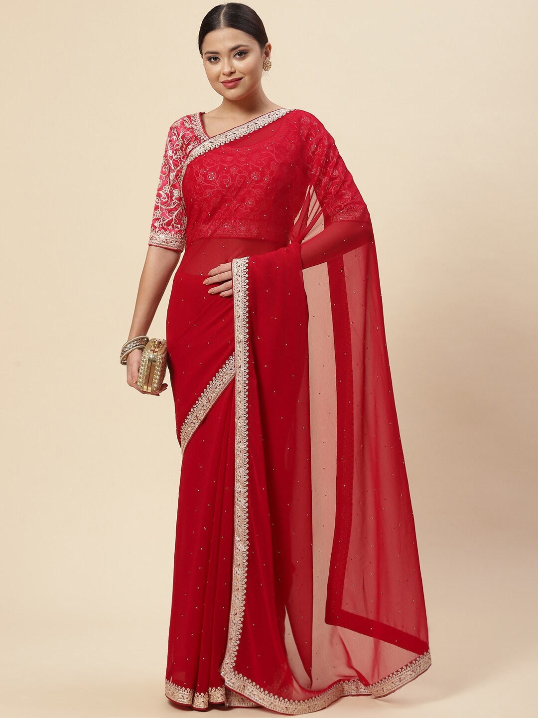 

Meena Bazaar Red & Silver-Toned Floral Embroidered Saree
