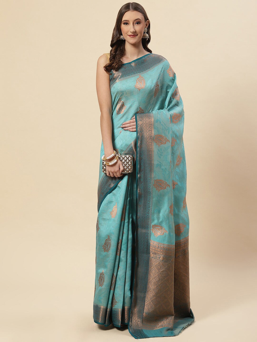 

Meena Bazaar Blue & Copper-Toned Ethnic Motifs Zari Art Silk Saree