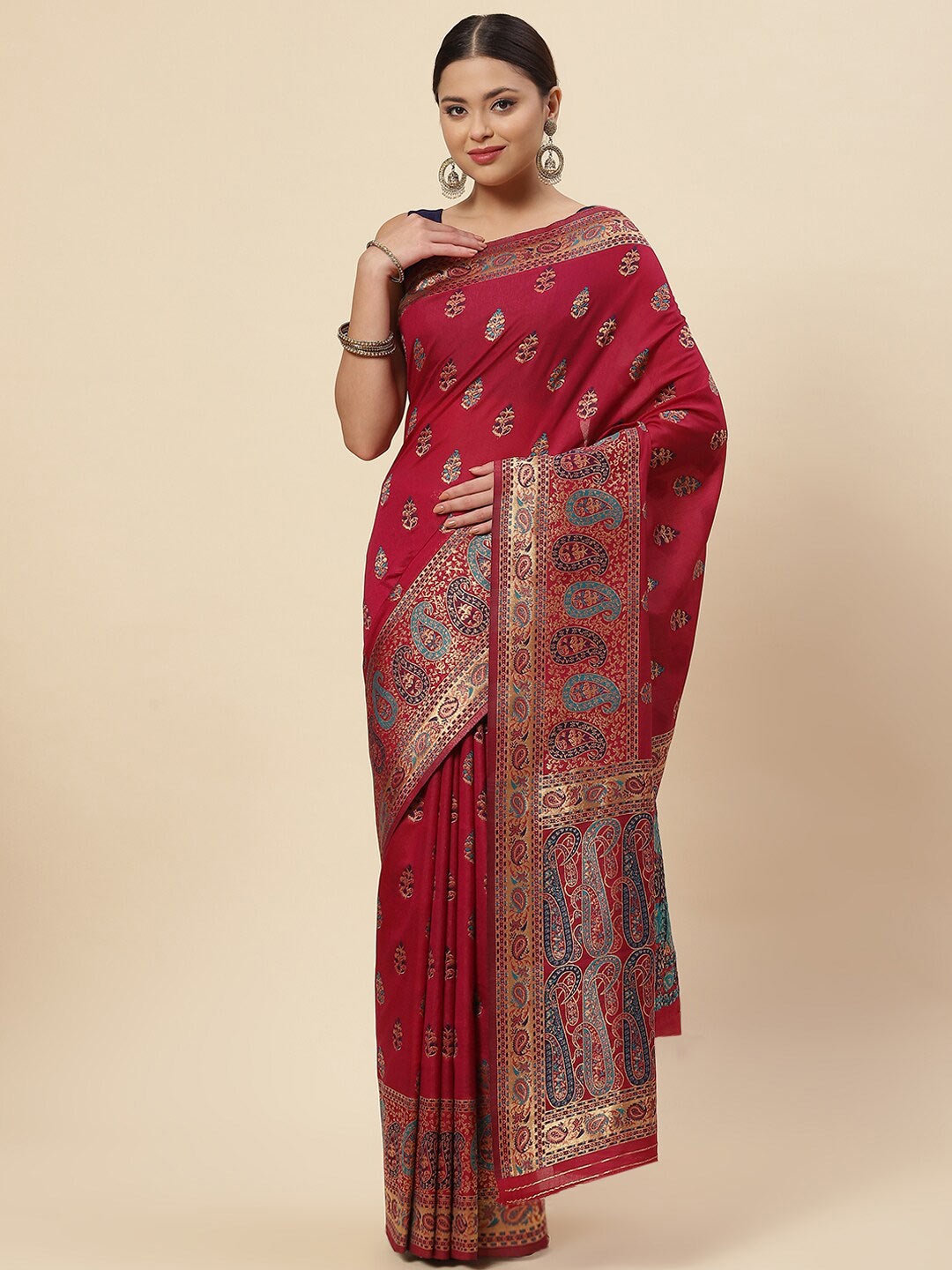 

Meena Bazaar Burgundy & Gold-Toned Paisley Zari Art Silk Saree