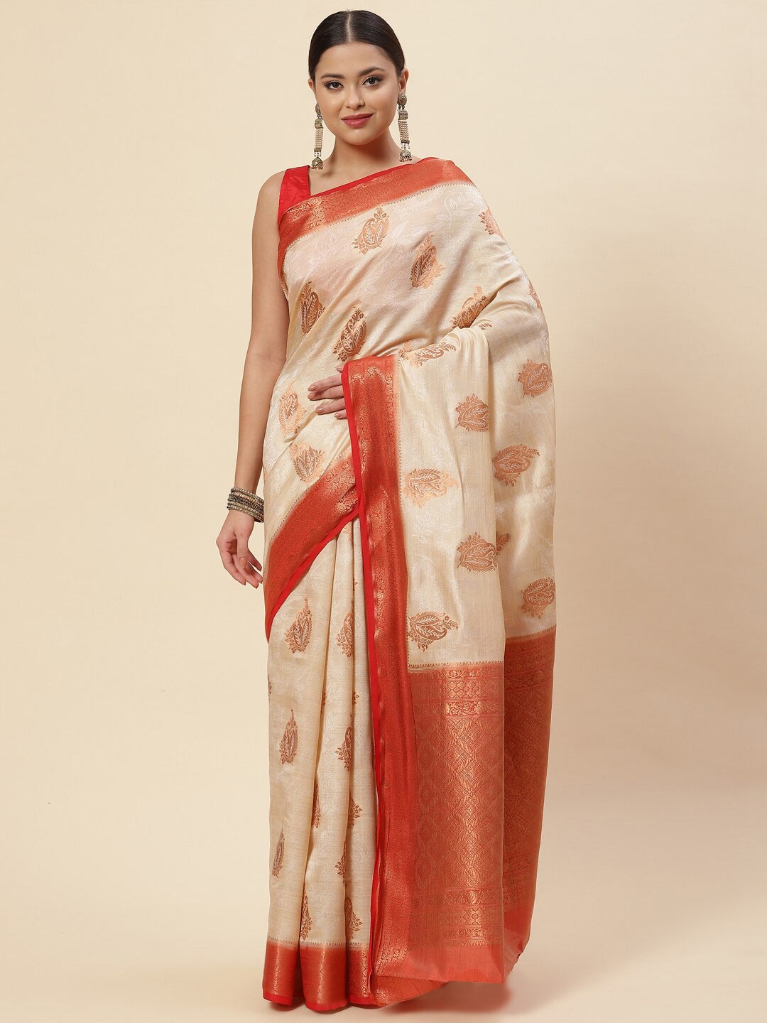 

Meena Bazaar Beige & Peach-Coloured Ethnic Motifs Zari Art Silk Saree