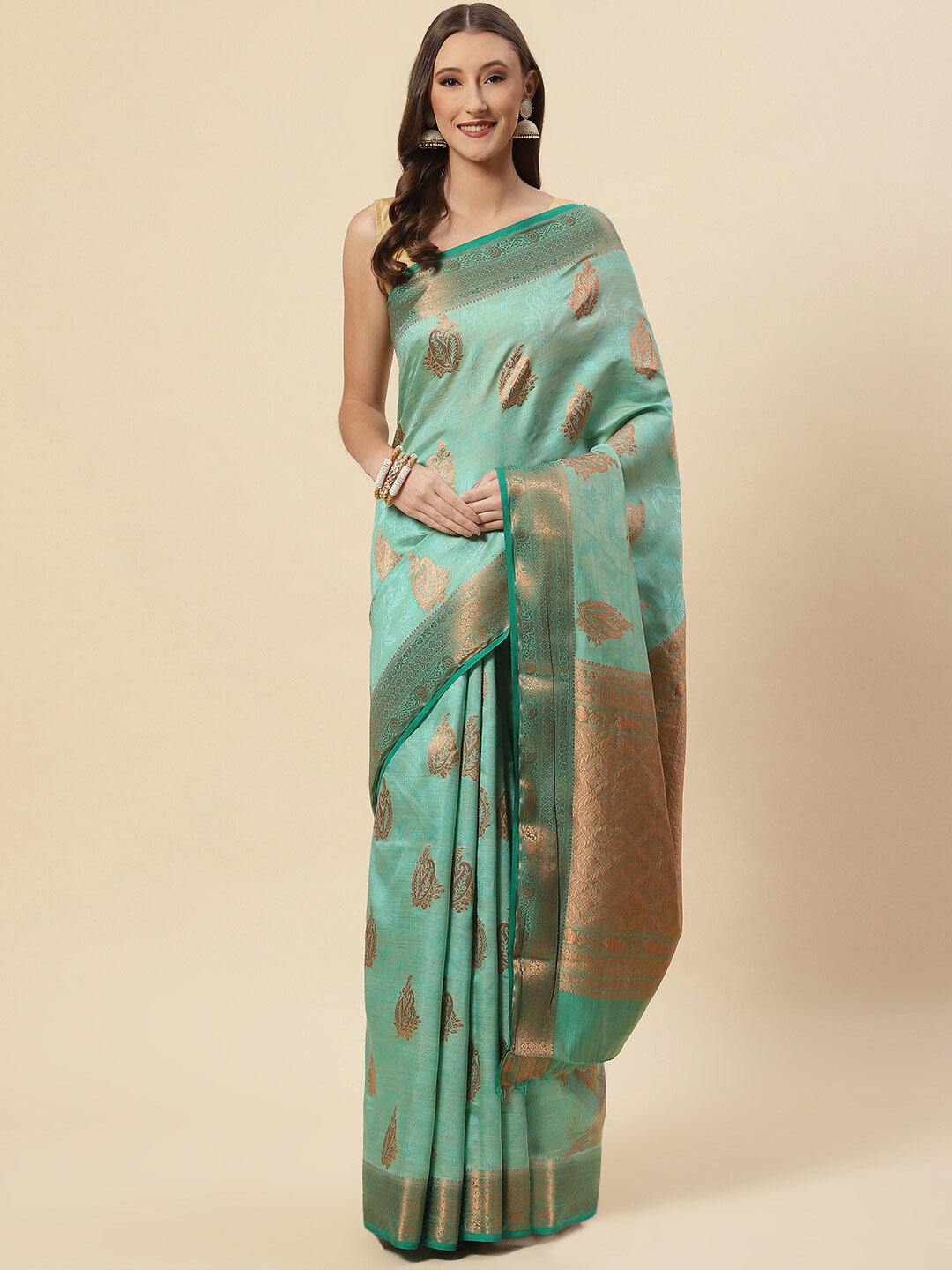 

Meena Bazaar Green & Gold-Toned Ethnic Motifs Zari Art Silk Saree