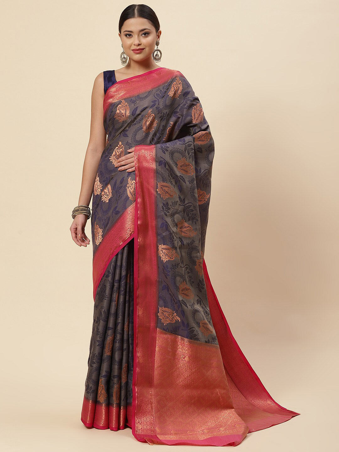 

Meena Bazaar Navy Blue & Pink Floral Zari Art Silk Saree
