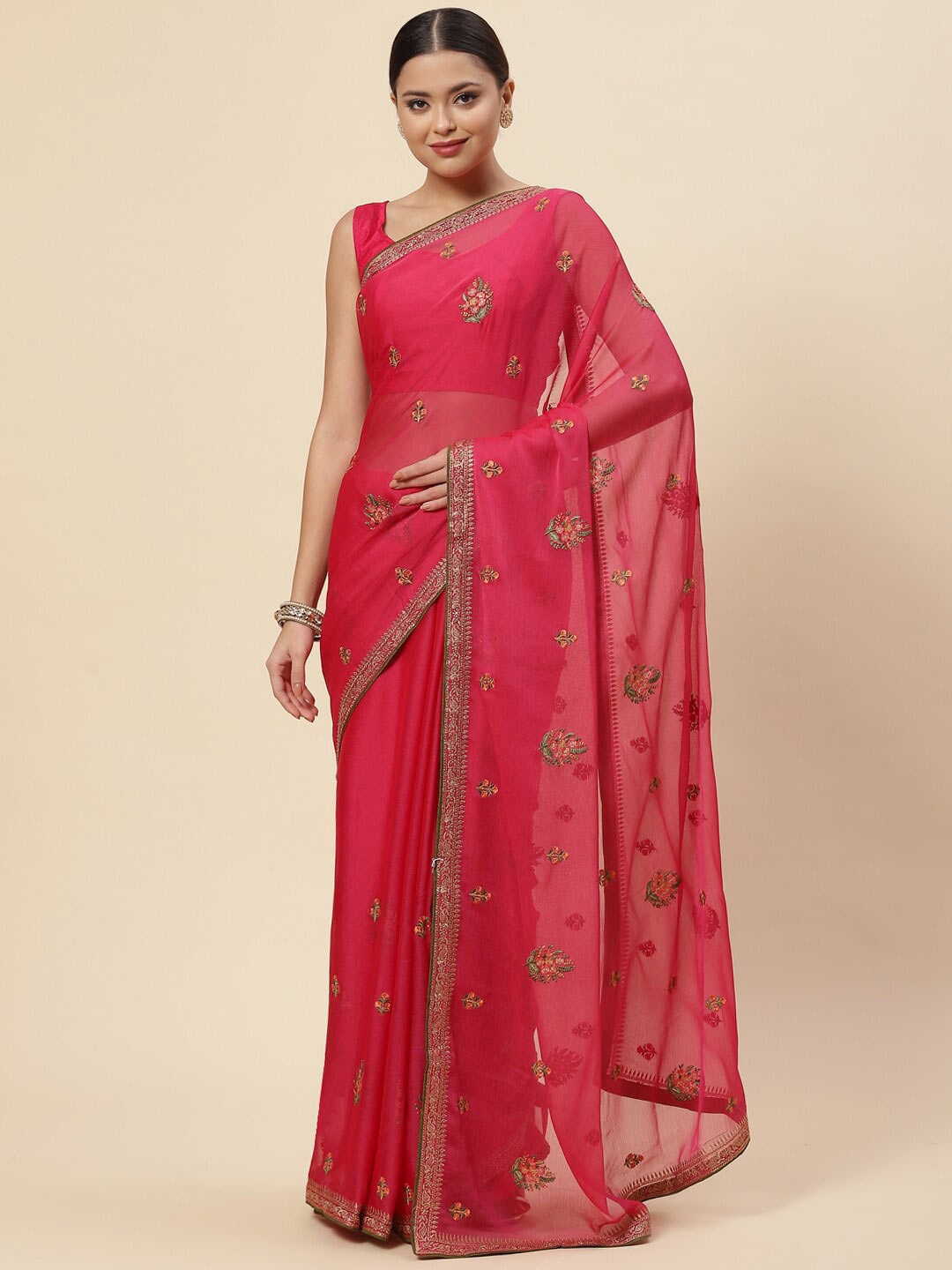 

Meena Bazaar Pink & Orange Floral Embroidered Saree