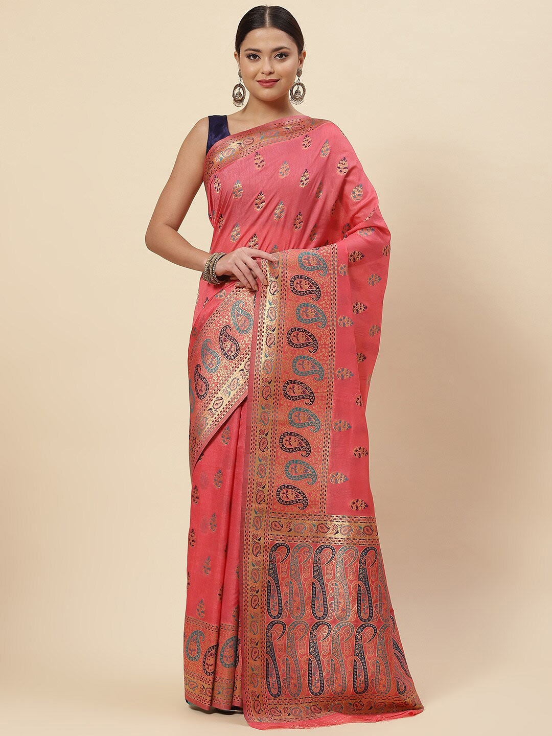 

Meena Bazaar Pink & Gold-Toned Ethnic Motifs Zari Art Silk Saree