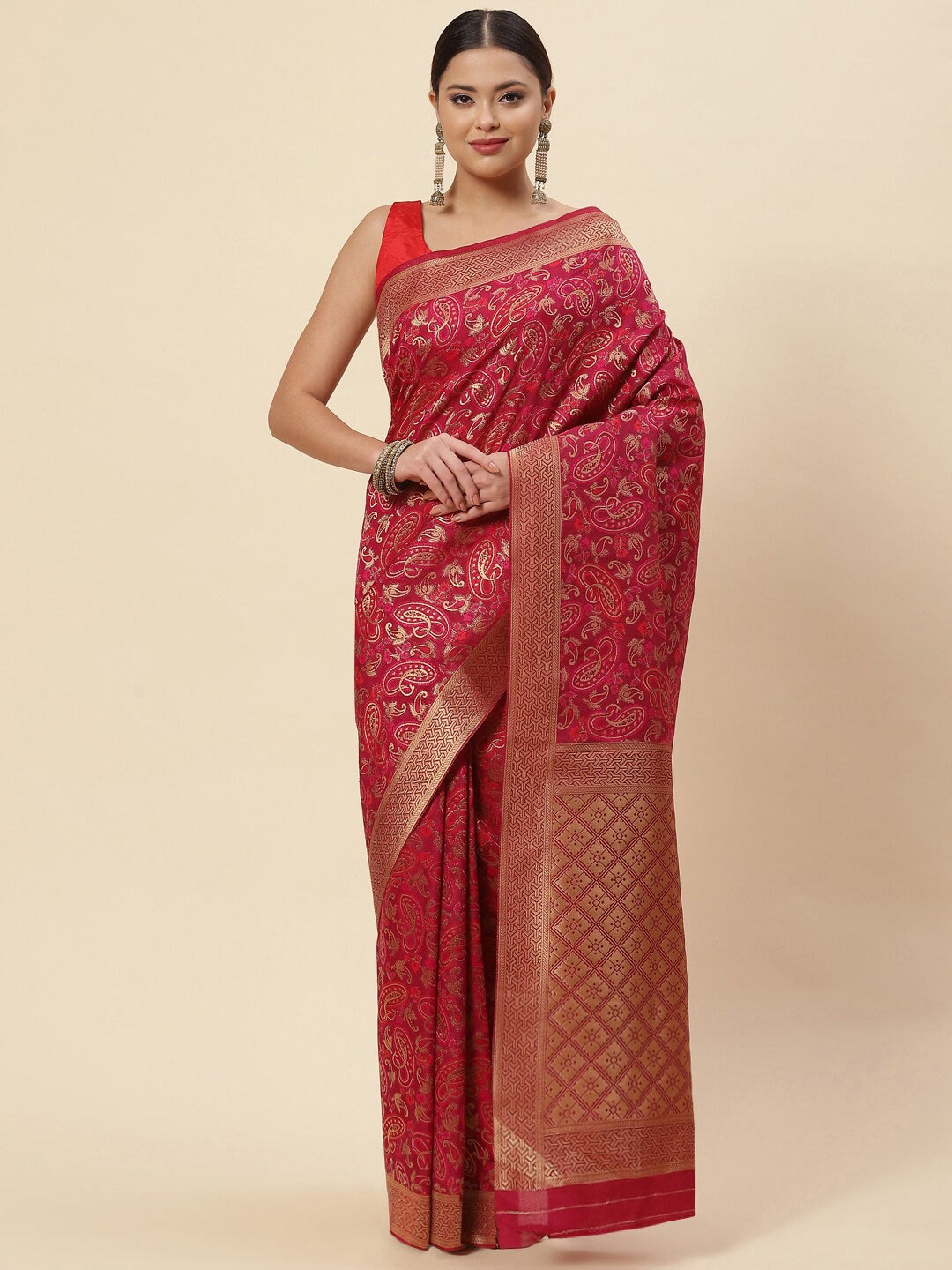 

Meena Bazaar Pink & Gold-Toned Paisley Zari Art Silk Saree