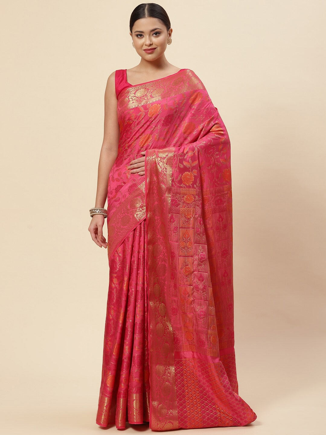 

Meena Bazaar Pink & Gold-Toned Floral Zari Art Silk Saree