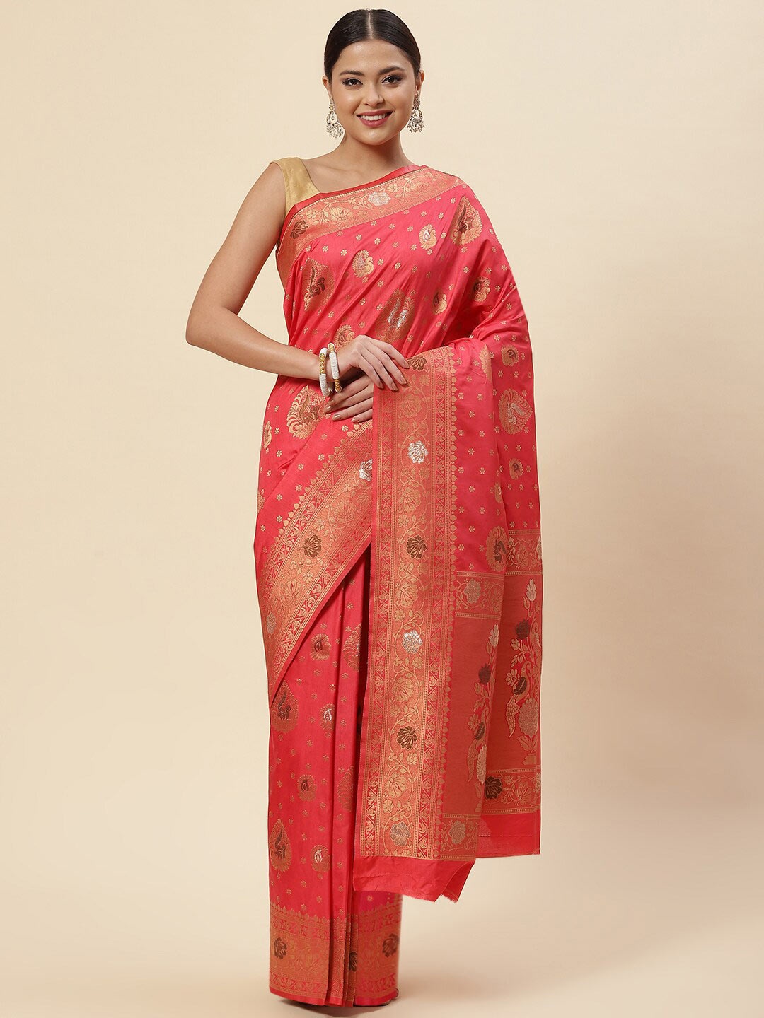 

Meena Bazaar Peach-Coloured & Gold-Toned Floral Zari Art Silk Saree