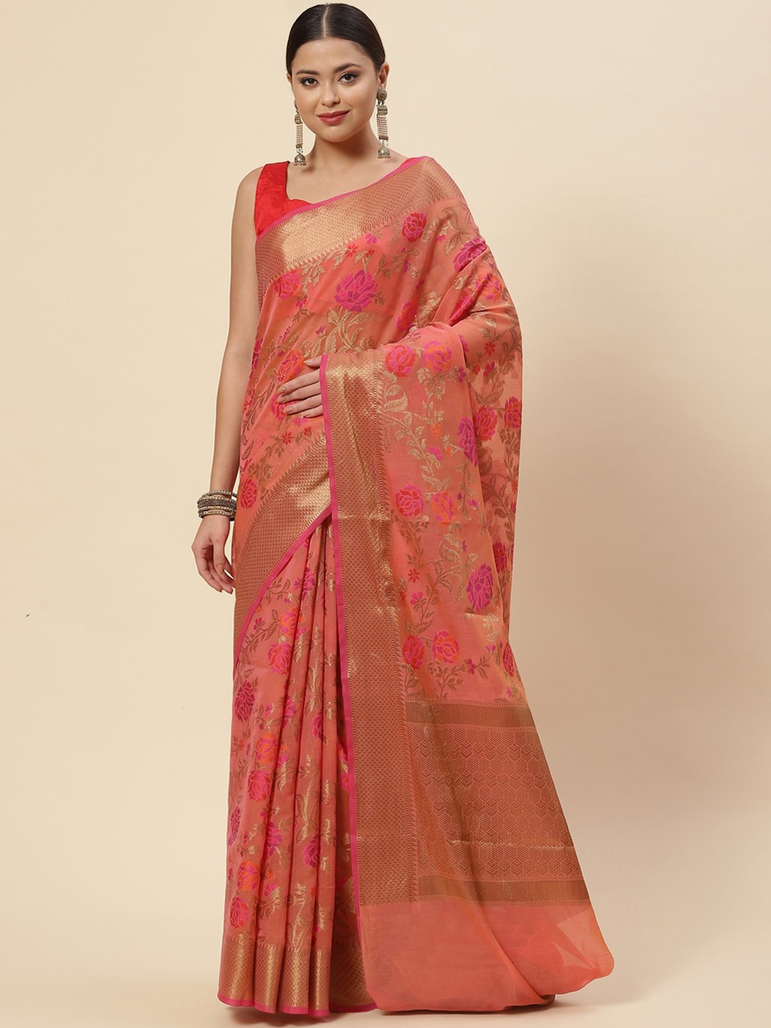 

Meena Bazaar Peach-Coloured & Gold-Toned Woven Design Zari Pure Cotton Saree