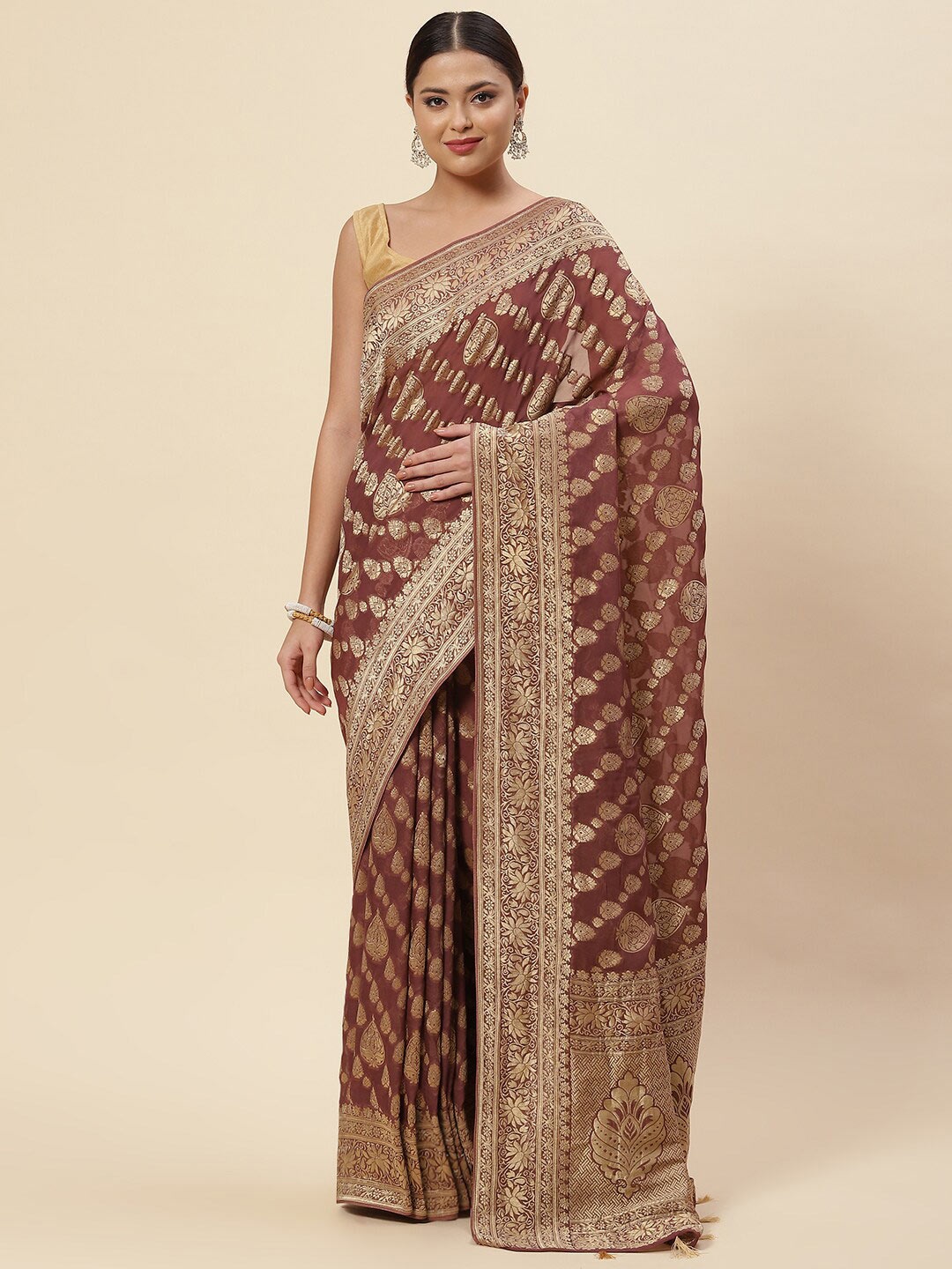 

Meena Bazaar Brown & Gold-Toned Ethnic Motifs Zari Saree