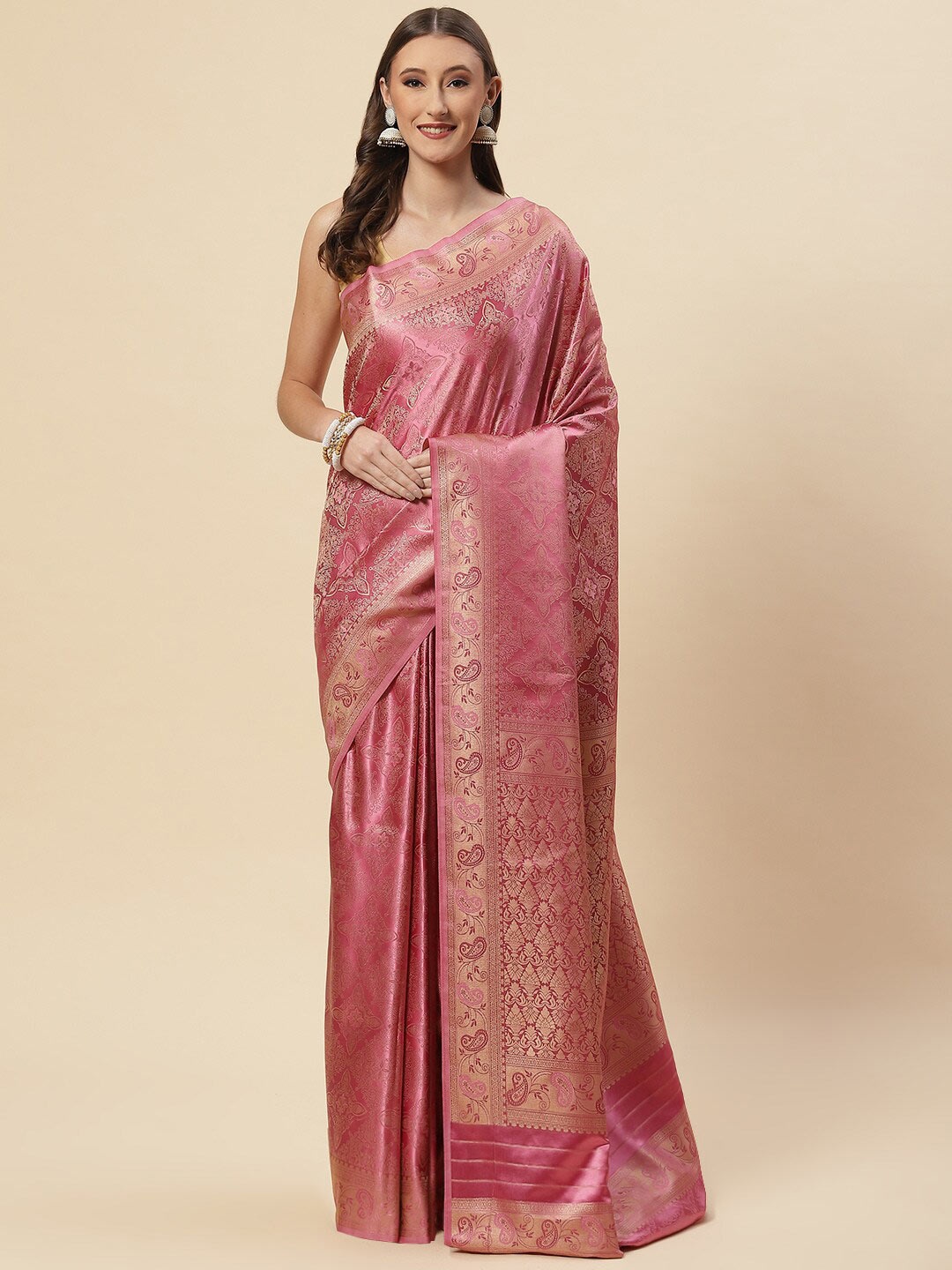 

Meena Bazaar Pink & Gold-Toned Ethnic Motifs Zari Satin Saree
