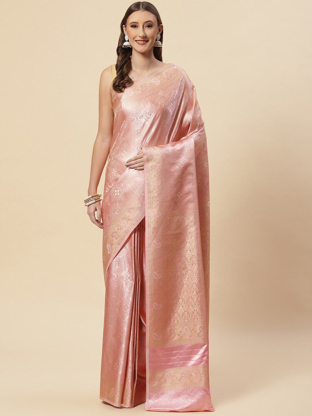 

Meena Bazaar Peach-Coloured & Gold-Toned Ethnic Motifs Zari Satin Saree