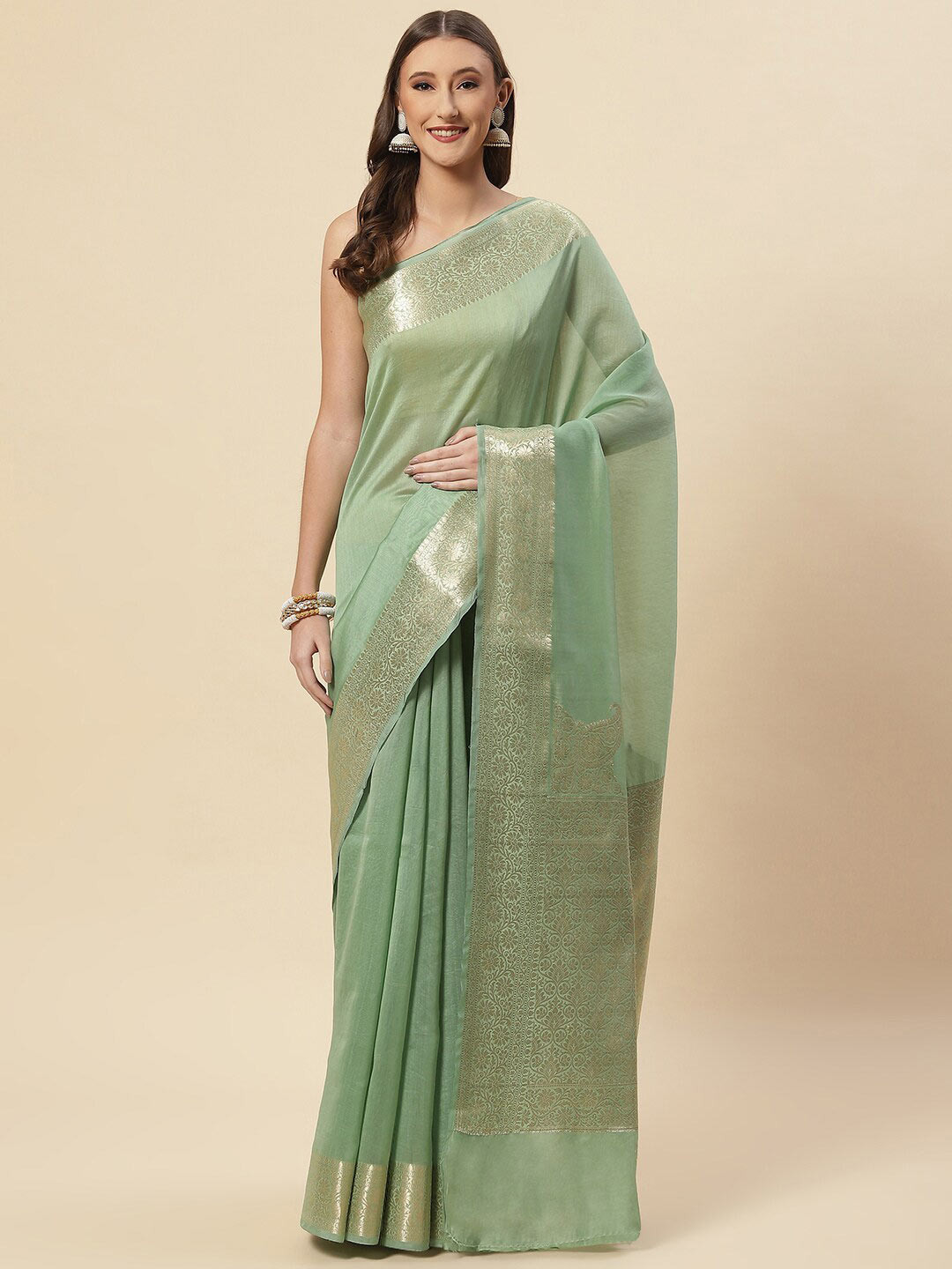 

Meena Bazaar Green & Gold-Toned Floral Zari Pure Cotton Saree