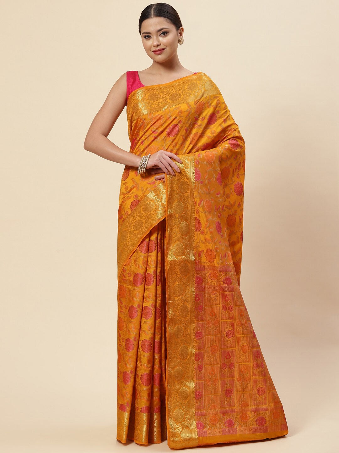 

Meena Bazaar Mustard & Gold-Toned Floral Zari Art Silk Saree