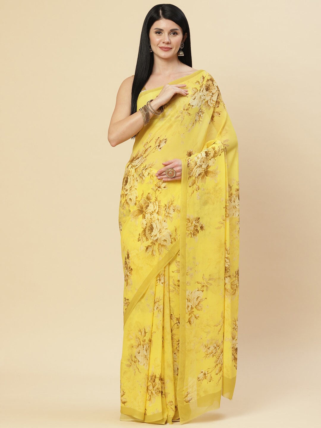 

Meena Bazaar Yellow Floral Printed Saree