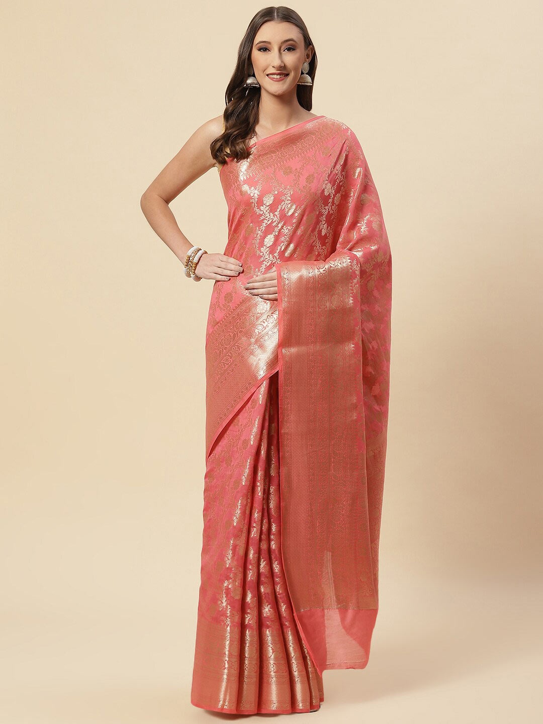

Meena Bazaar Coral & Gold-Toned Floral Zari Pure Cotton Saree