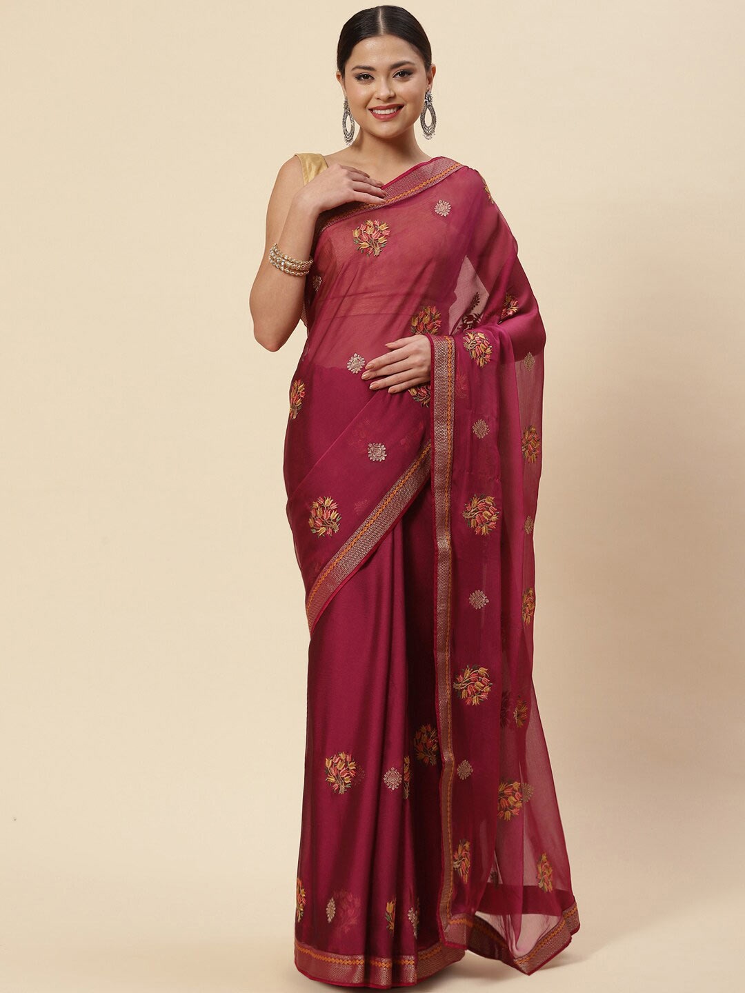 

Meena Bazaar Magenta & Yellow Floral Embroidered Saree