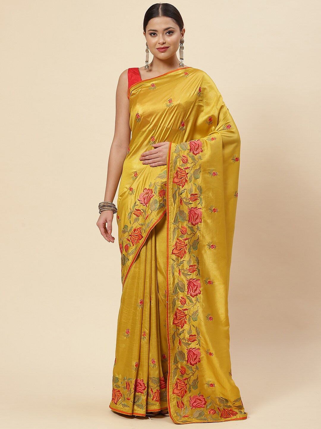 

Meena Bazaar Mustard & Pink Floral Embroidered Saree