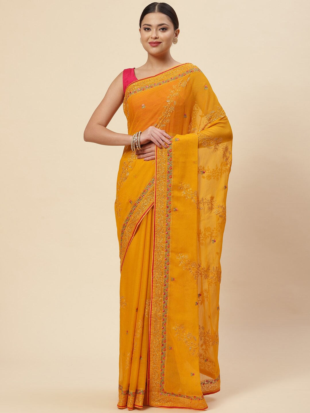 

Meena Bazaar Mustard & Pink Floral Embroidered Saree