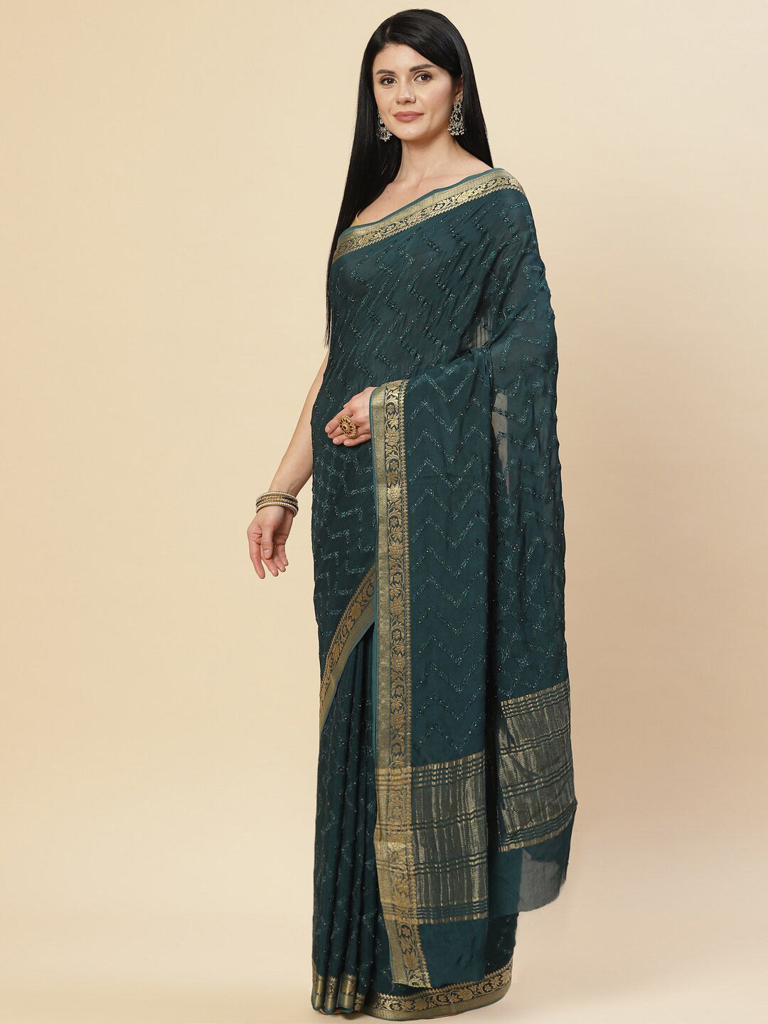 

Meena Bazaar Blue & Gold-Toned Embroidered Saree