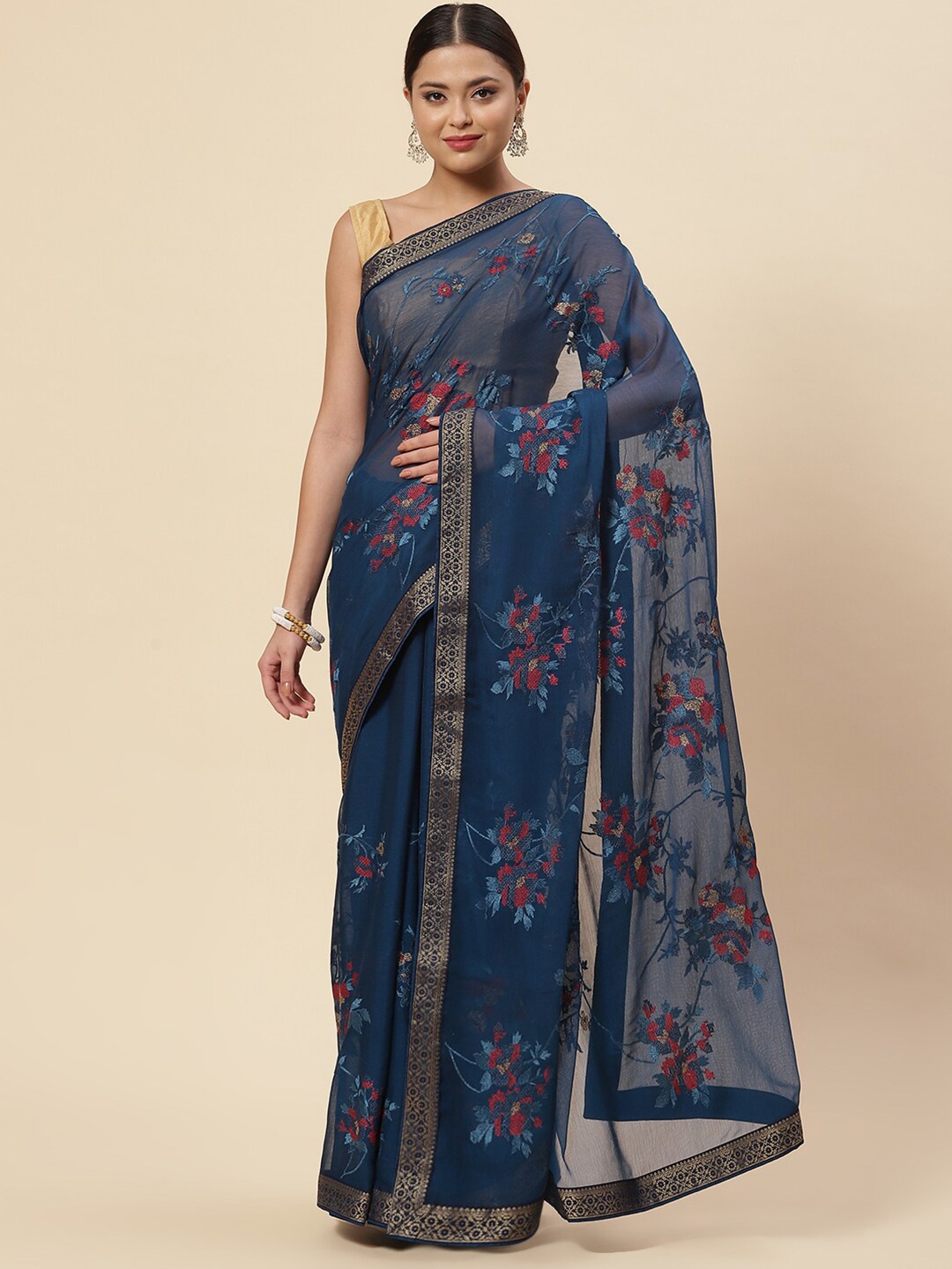 

Meena Bazaar Blue & Red Floral Embroidered Saree