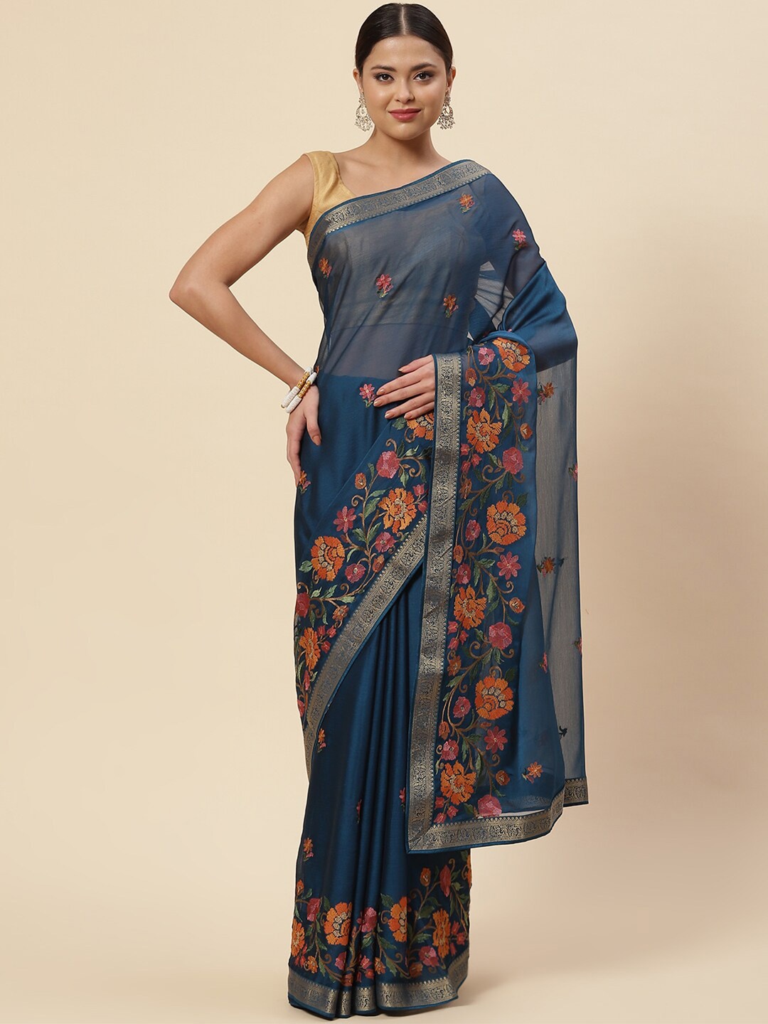 

Meena Bazaar Blue & Green Floral Embroidered Saree