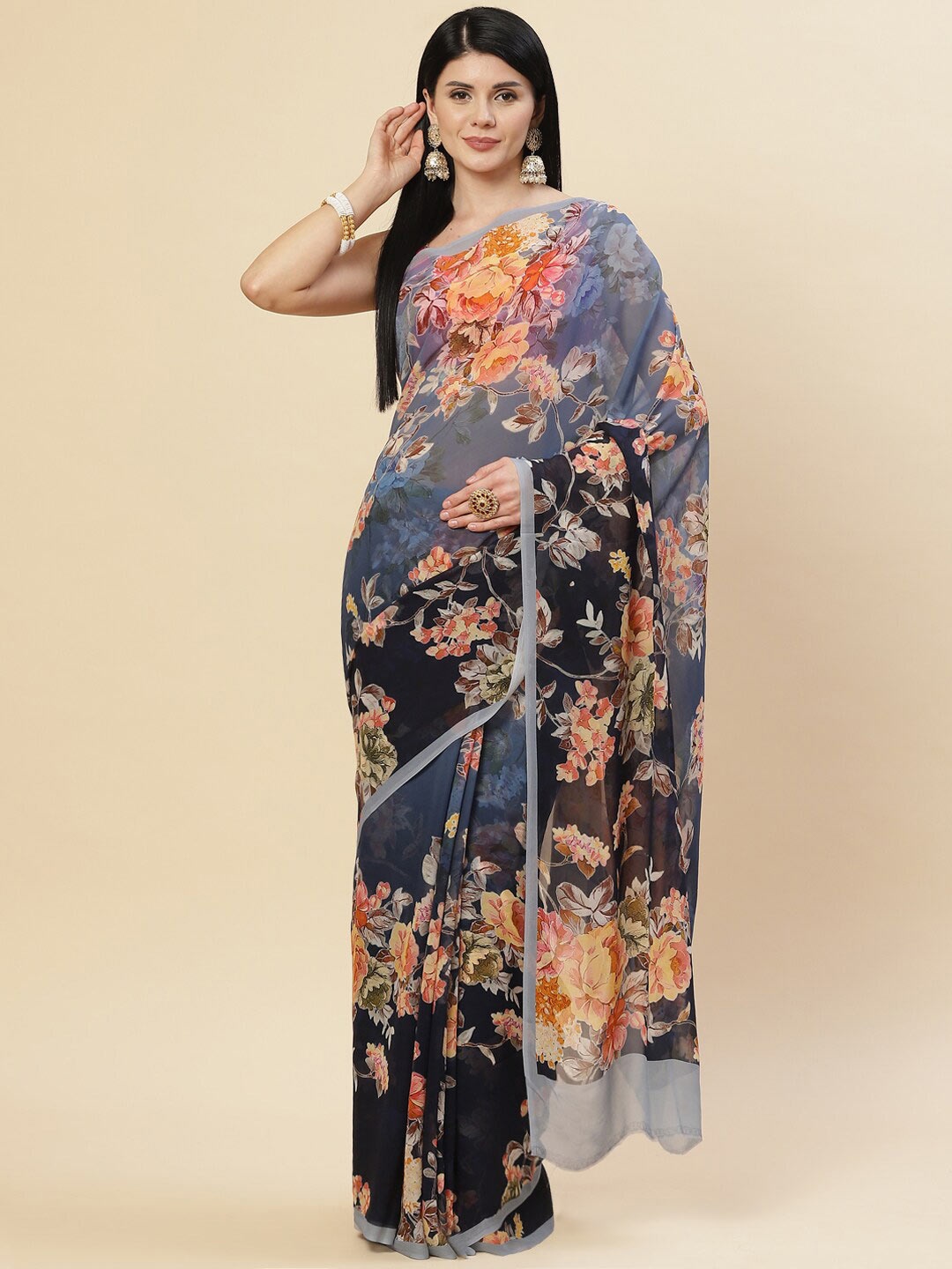 

Meena Bazaar Navy Blue & Grey Printed Floral Saree