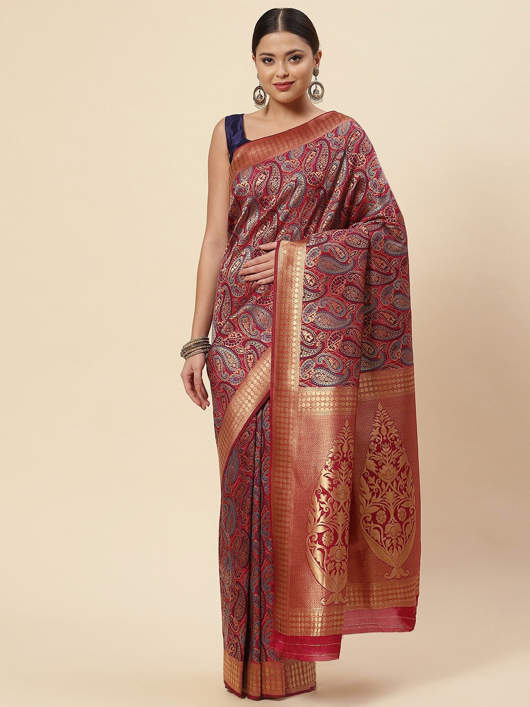 

Meena Bazaar Burgundy & Gold-Toned Paisley Zari Art Silk Saree