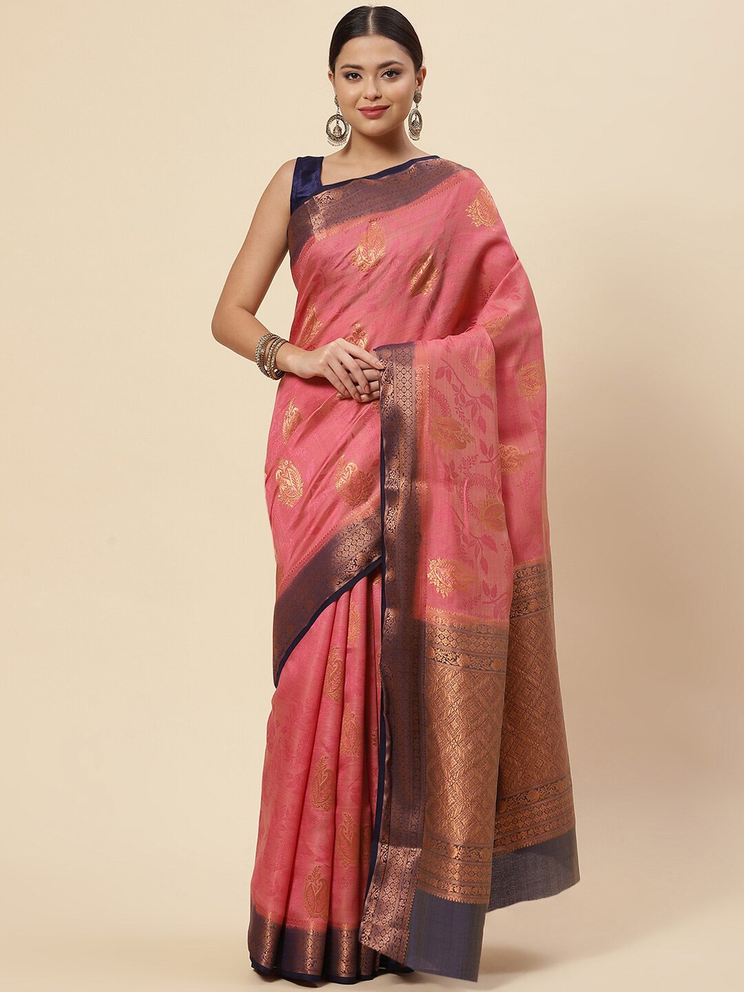 

Meena Bazaar Pink & Navy Blue Paisley Zari Art Silk Saree