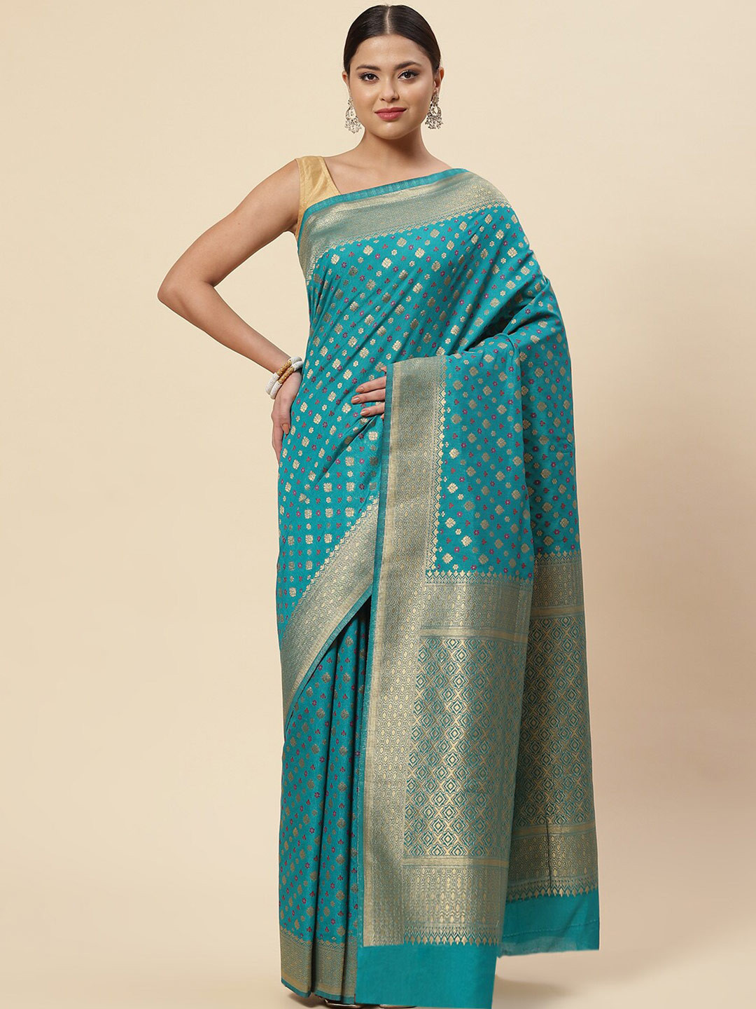 

Meena Bazaar Blue & Gold-Toned Ethnic Motifs Zari Art Silk Saree