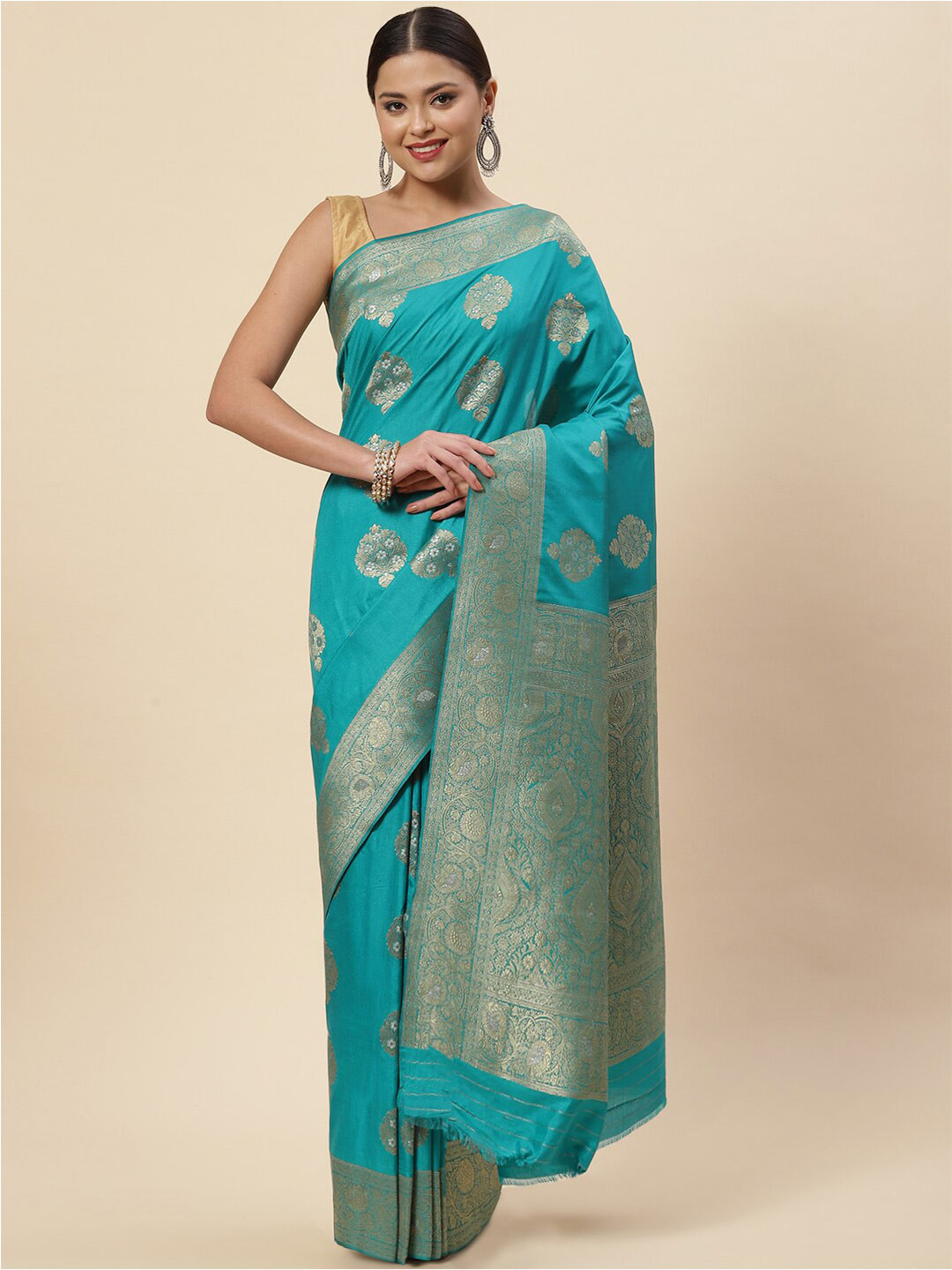 

Meena Bazaar Blue & Gold-Toned Ethnic Motifs Zari Art Silk Saree